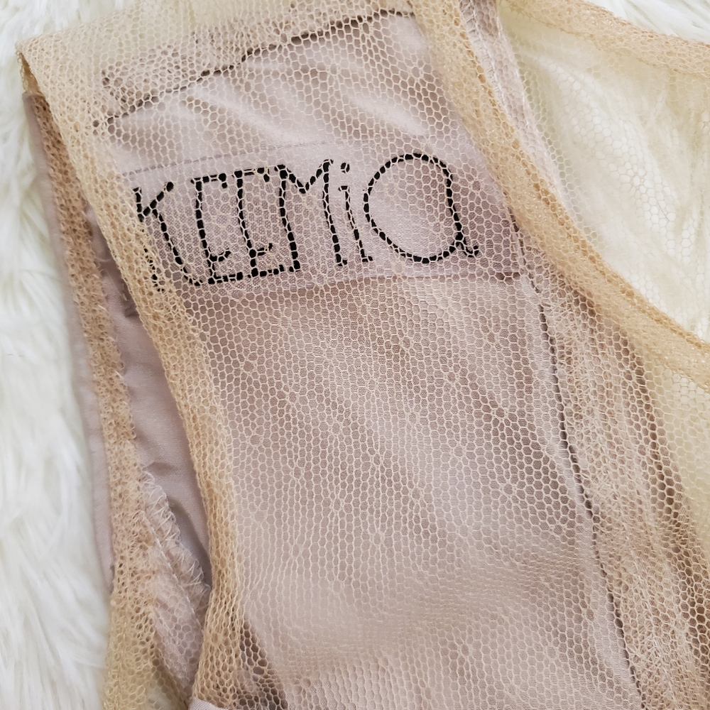 Keemia Nude Beige Fit Flare Dress Sheer Back Pleated Skirt XS S - Picture 8 of 8